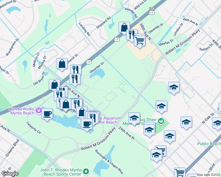 map of restaurants, bars, coffee shops, grocery stores, and more near 2958 Duck Court in Myrtle Beach