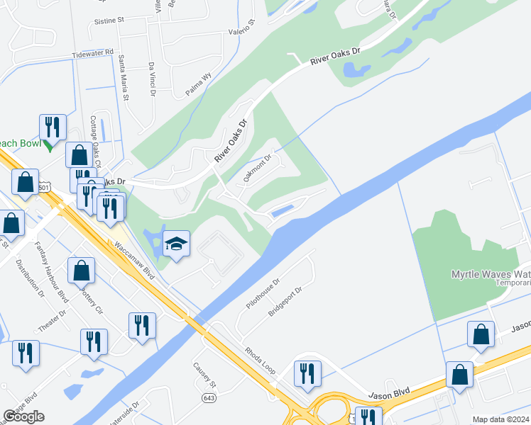 map of restaurants, bars, coffee shops, grocery stores, and more near 607 Waterway Village Boulevard in Myrtle Beach