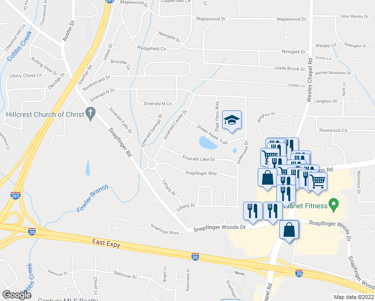 map of restaurants, bars, coffee shops, grocery stores, and more near 2331 Emerald Lake Court in Decatur