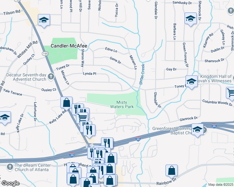 map of restaurants, bars, coffee shops, grocery stores, and more near 2592 Miriam Lane in Decatur