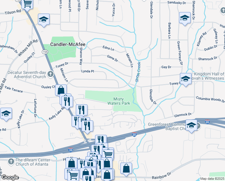 map of restaurants, bars, coffee shops, grocery stores, and more near 2598 Miriam Lane in Decatur