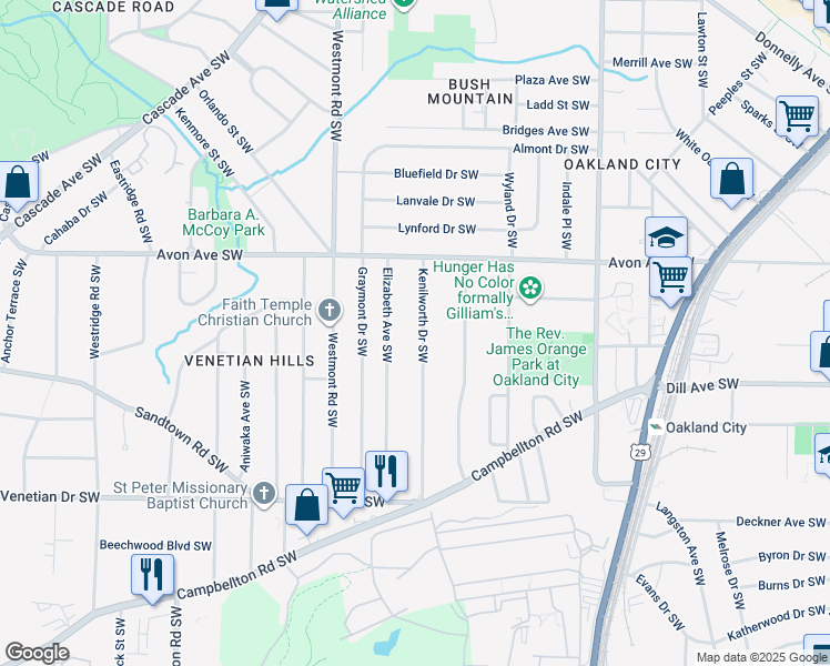 map of restaurants, bars, coffee shops, grocery stores, and more near 1280 Elizabeth Avenue Southwest in Atlanta
