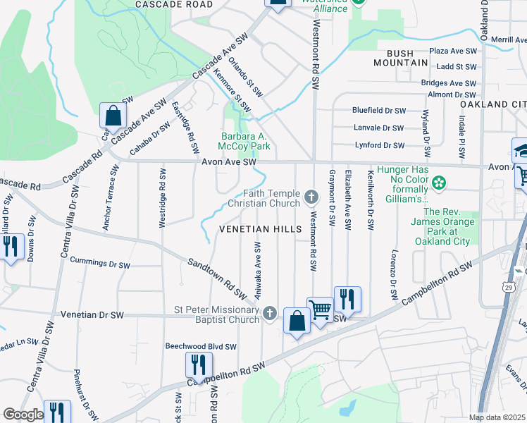 map of restaurants, bars, coffee shops, grocery stores, and more near 1300 Aniwaka Avenue Southwest in Atlanta