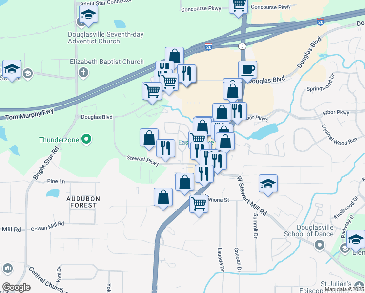 map of restaurants, bars, coffee shops, grocery stores, and more near in Douglasville