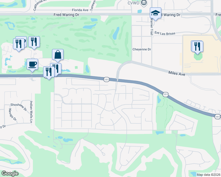 map of restaurants, bars, coffee shops, grocery stores, and more near 76956 Comanche Lane in Indian Wells