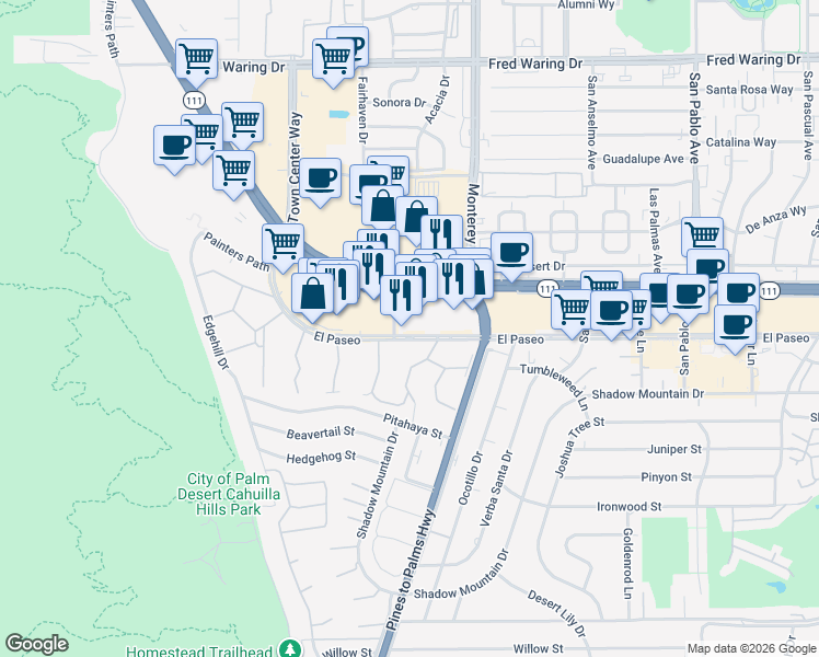 map of restaurants, bars, coffee shops, grocery stores, and more near 72830 El Paseo in Palm Desert