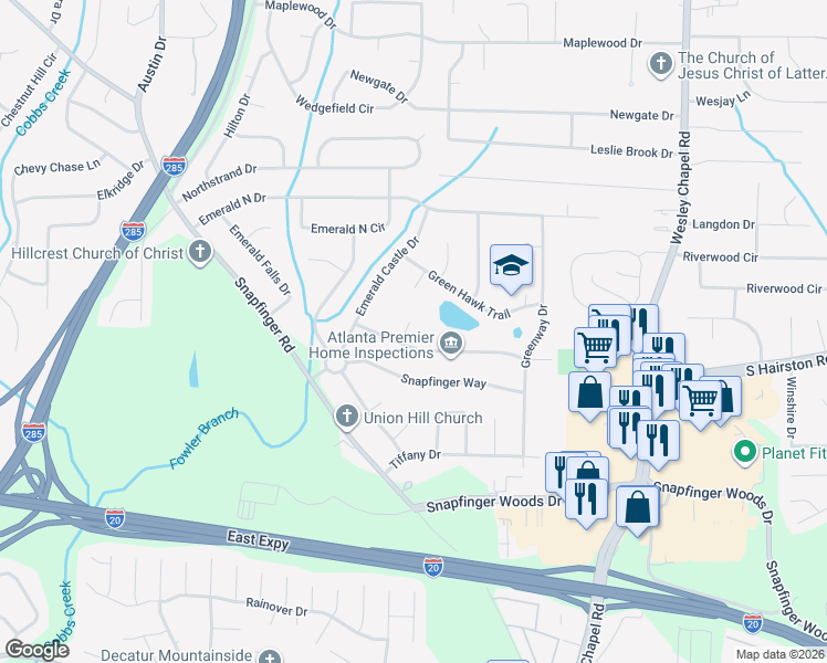map of restaurants, bars, coffee shops, grocery stores, and more near 2331 Emerald Lake Court in Decatur