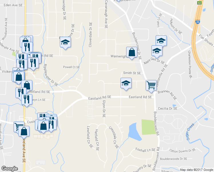 map of restaurants, bars, coffee shops, grocery stores, and more near 1301 Sargent Avenue Southeast in Atlanta