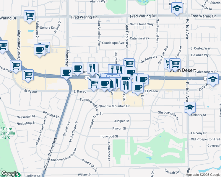 map of restaurants, bars, coffee shops, grocery stores, and more near 73-350 El Paseo in Palm Desert