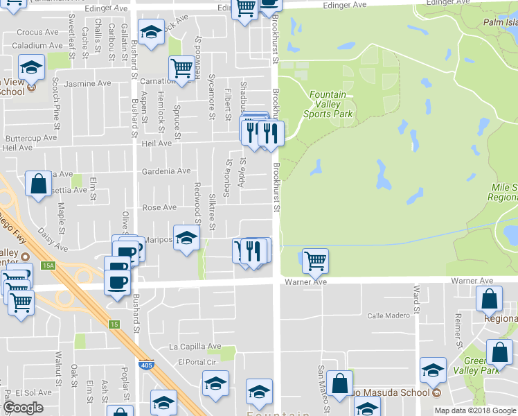 map of restaurants, bars, coffee shops, grocery stores, and more near 9948 Petunia Avenue in Fountain Valley