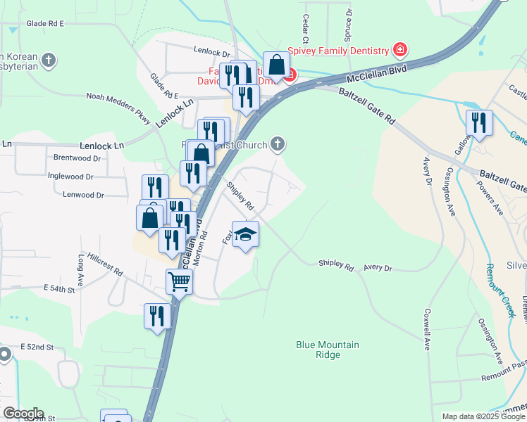 map of restaurants, bars, coffee shops, grocery stores, and more near 484 Foxley Road in Anniston