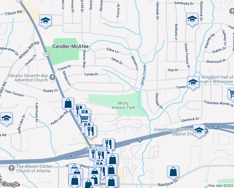 map of restaurants, bars, coffee shops, grocery stores, and more near 2598 Miriam Lane in Decatur