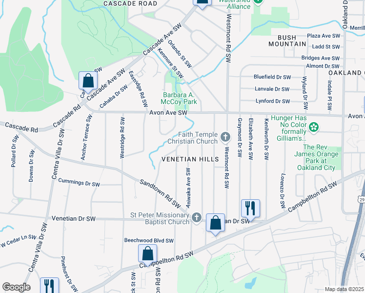 map of restaurants, bars, coffee shops, grocery stores, and more near 1300 Wichita Drive Southwest in Atlanta