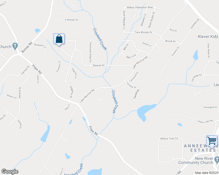 map of restaurants, bars, coffee shops, grocery stores, and more near 3153 Lake Monroe Road in Douglasville