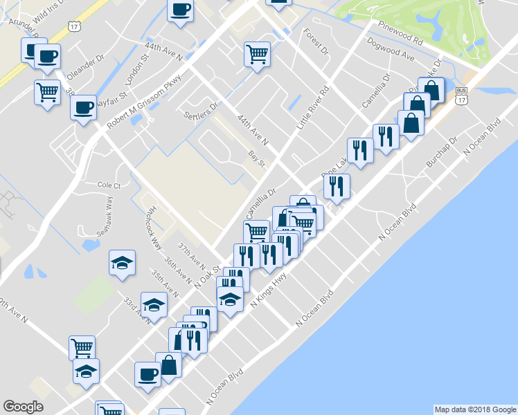 map of restaurants, bars, coffee shops, grocery stores, and more near 3912 Camellia Drive in Myrtle Beach
