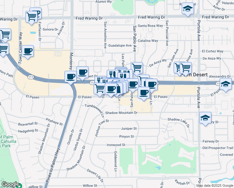 map of restaurants, bars, coffee shops, grocery stores, and more near 73-350 El Paseo Drive in Palm Desert