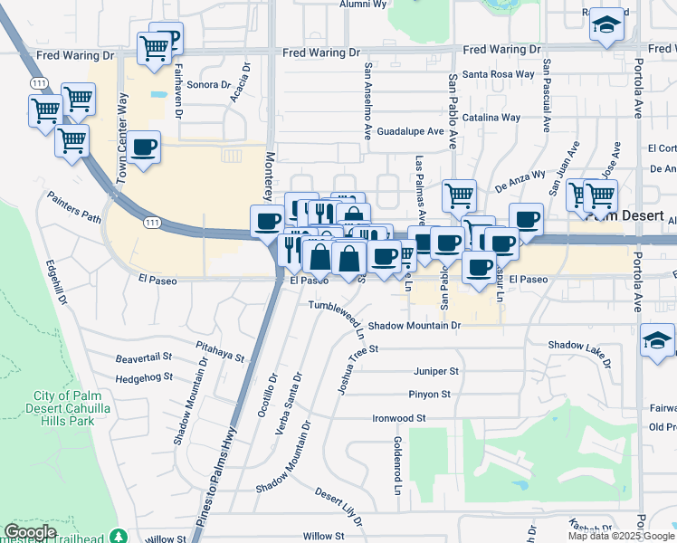 map of restaurants, bars, coffee shops, grocery stores, and more near 73160 El Paseo in Palm Desert