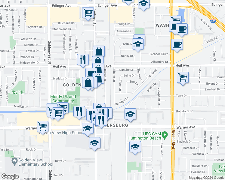 map of restaurants, bars, coffee shops, grocery stores, and more near 16681 Rhone Lane in Huntington Beach