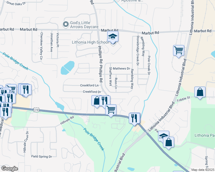 map of restaurants, bars, coffee shops, grocery stores, and more near 2410 Rambling Way in Lithonia