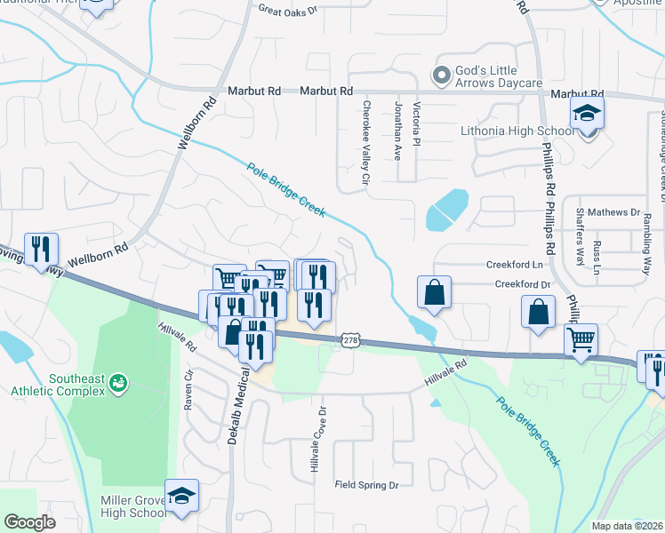 map of restaurants, bars, coffee shops, grocery stores, and more near 2325 Woodcrest Walk in Lithonia