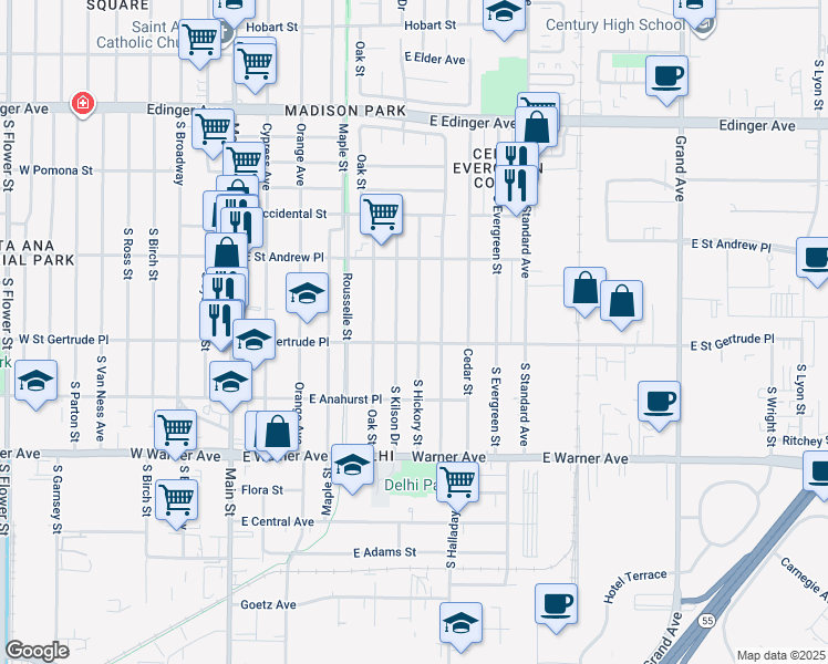 map of restaurants, bars, coffee shops, grocery stores, and more near 2068 South Hickory Street in Santa Ana