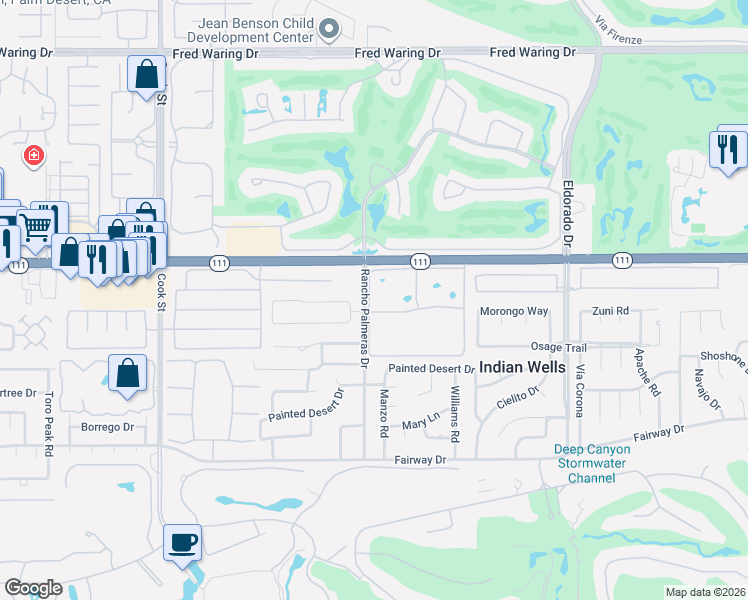 map of restaurants, bars, coffee shops, grocery stores, and more near 45164 Avenue Codorniz in Indian Wells