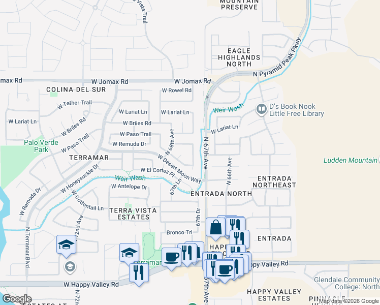 map of restaurants, bars, coffee shops, grocery stores, and more near 25924 North 67th Drive in Peoria
