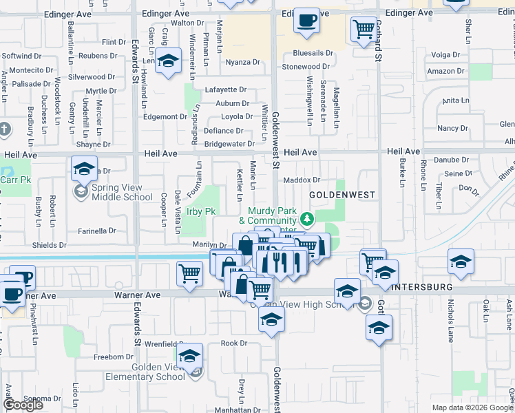 map of restaurants, bars, coffee shops, grocery stores, and more near 6912 Paula Circle in Huntington Beach