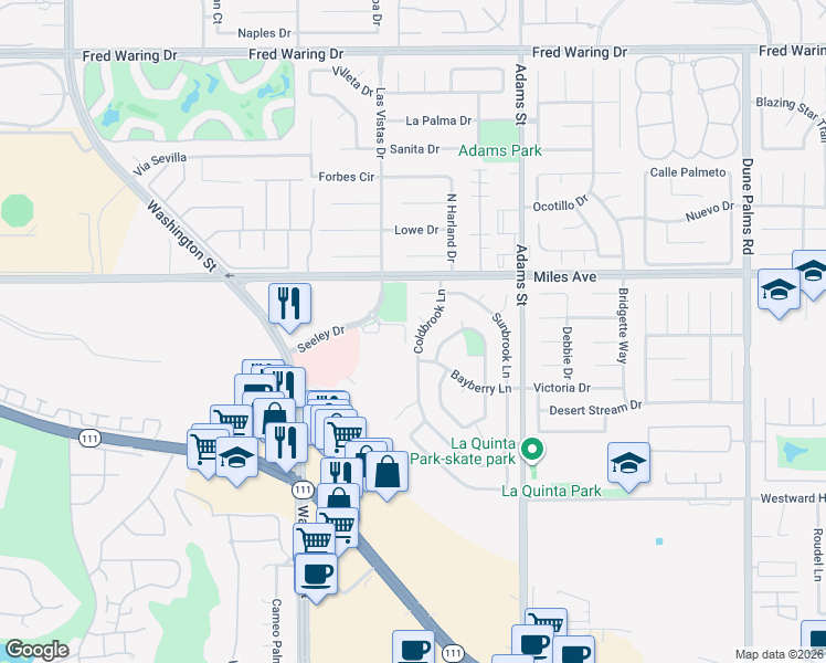 map of restaurants, bars, coffee shops, grocery stores, and more near 45195 Coldbrook Lane in La Quinta
