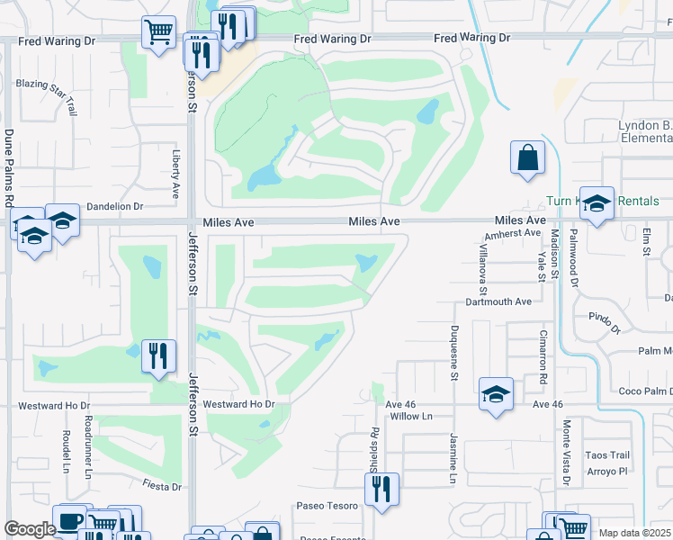 map of restaurants, bars, coffee shops, grocery stores, and more near 80396 Green Hills Drive in Indio