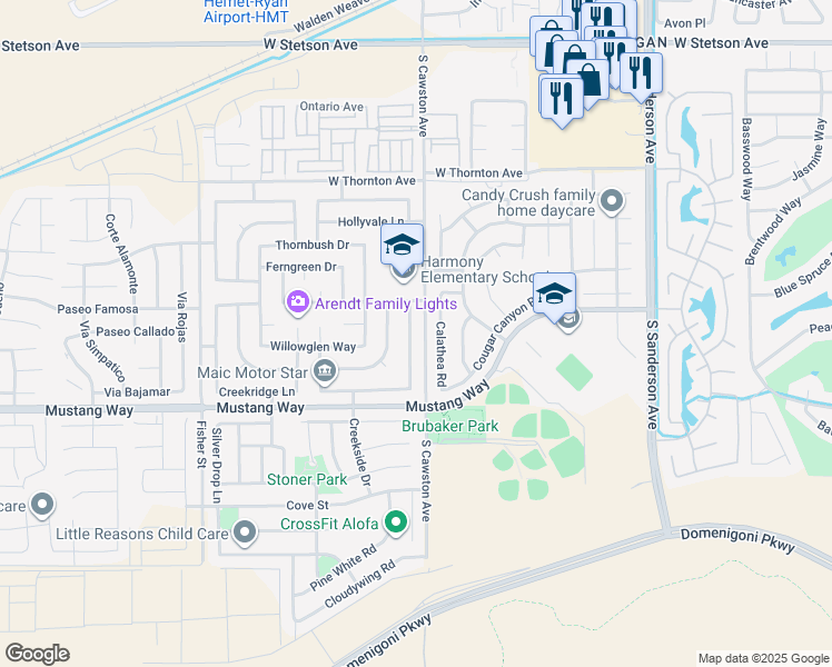 map of restaurants, bars, coffee shops, grocery stores, and more near 1600 Wrentree Way in Hemet