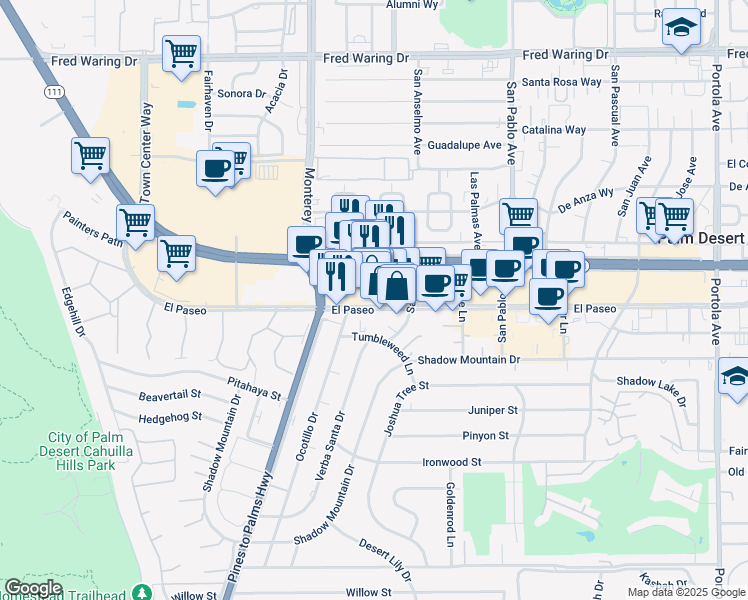 map of restaurants, bars, coffee shops, grocery stores, and more near 73160 El Paseo in Palm Desert