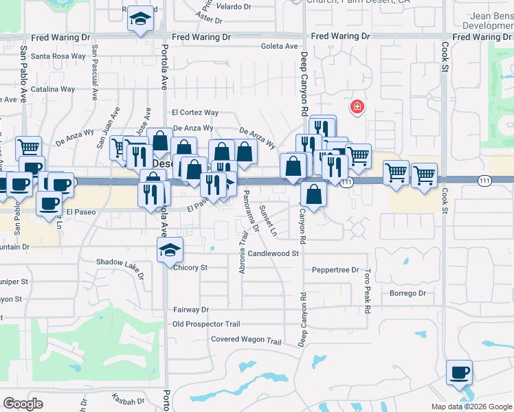 map of restaurants, bars, coffee shops, grocery stores, and more near 45225 Sunset Lane in Palm Desert