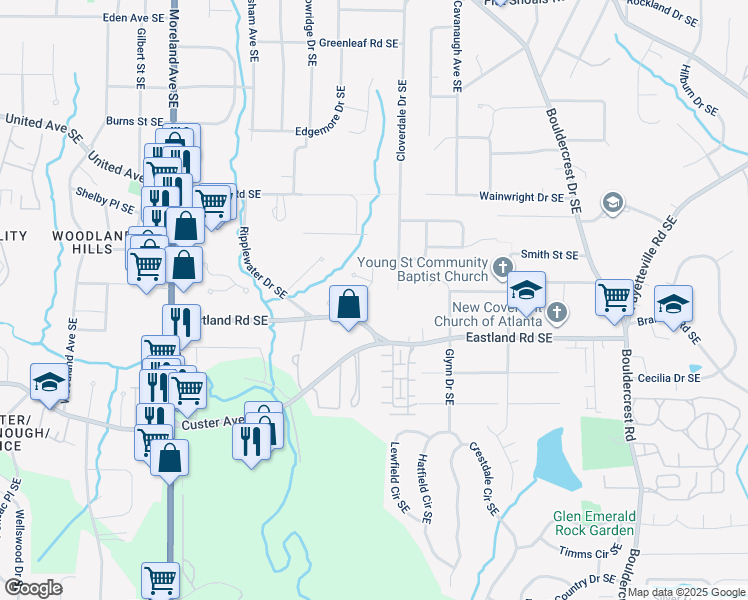 map of restaurants, bars, coffee shops, grocery stores, and more near 2630 Porchside PIace Southeast in Atlanta