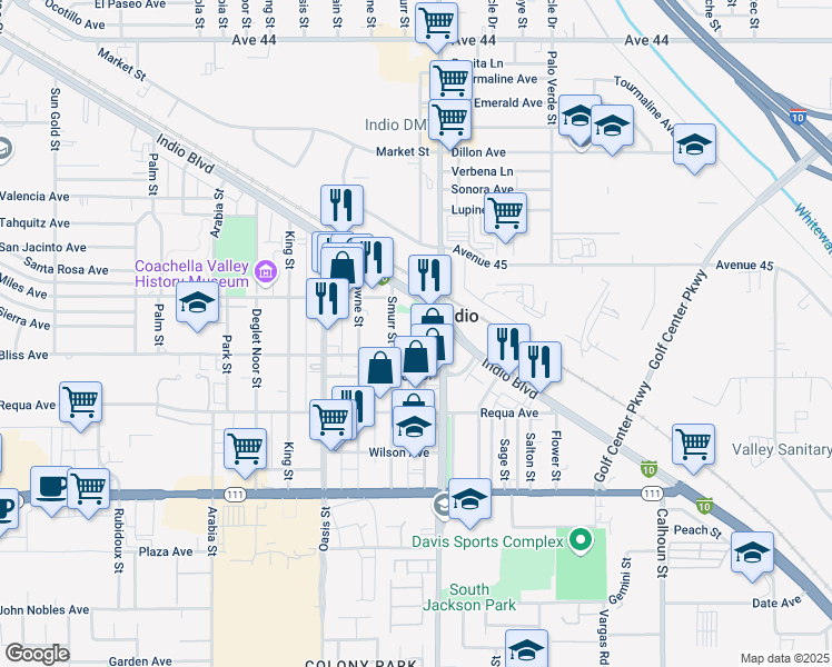 map of restaurants, bars, coffee shops, grocery stores, and more near 45229 Fargo Street in Indio