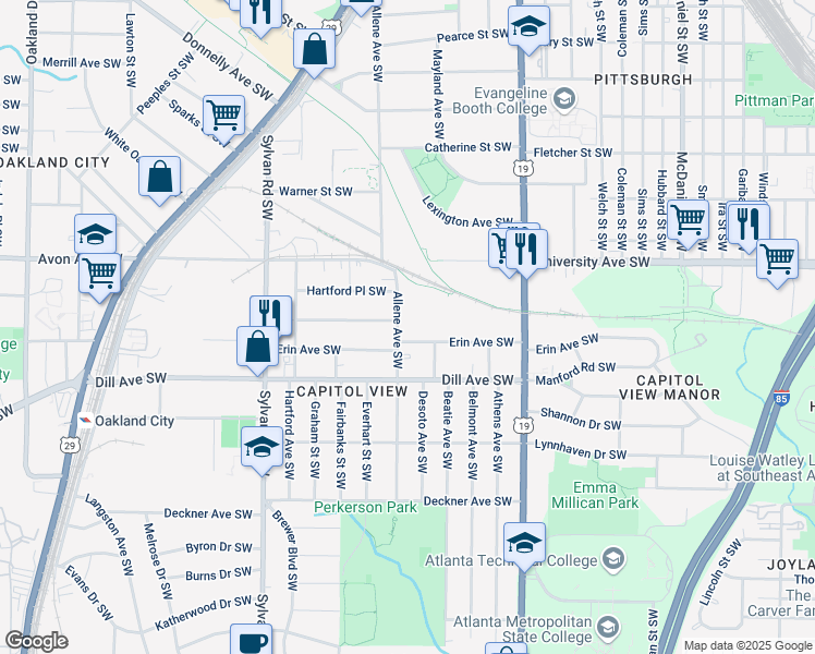 map of restaurants, bars, coffee shops, grocery stores, and more near 1274 Allene Avenue Southwest in Atlanta