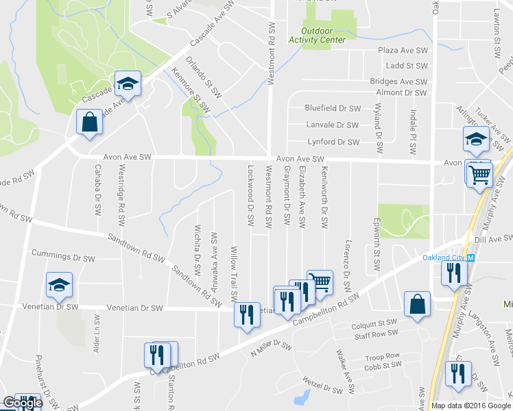 map of restaurants, bars, coffee shops, grocery stores, and more near 1290 Lockwood Drive Southwest in Atlanta