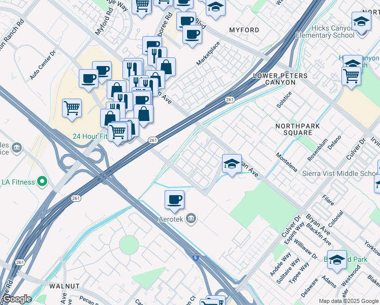 map of restaurants, bars, coffee shops, grocery stores, and more near 523 Wycliffe in Irvine
