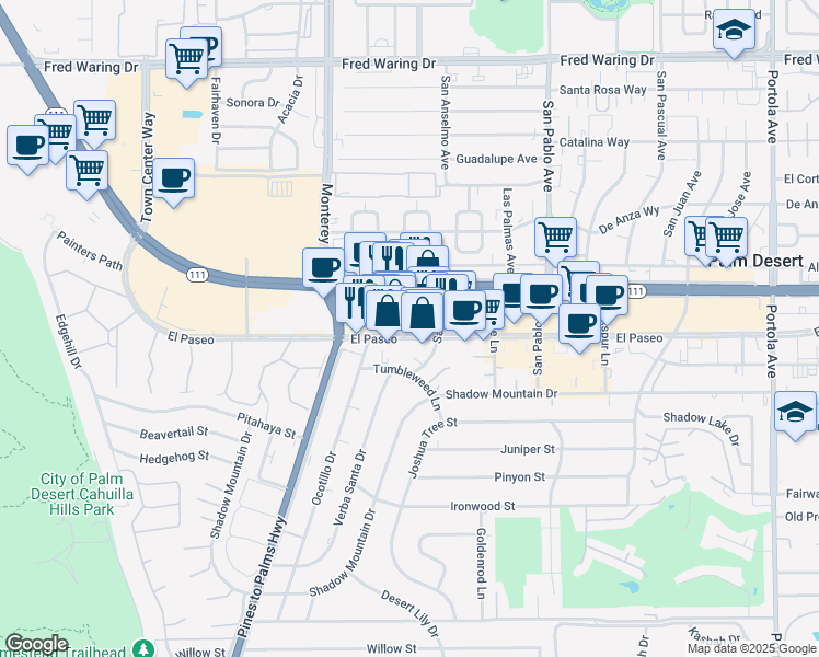 map of restaurants, bars, coffee shops, grocery stores, and more near 73160 El Paseo in Palm Desert
