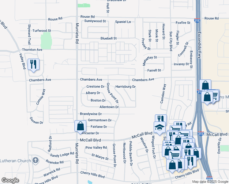 map of restaurants, bars, coffee shops, grocery stores, and more near 27589 Charlestown Drive in Menifee
