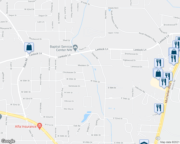 map of restaurants, bars, coffee shops, grocery stores, and more near 30 Medders Drive in Anniston
