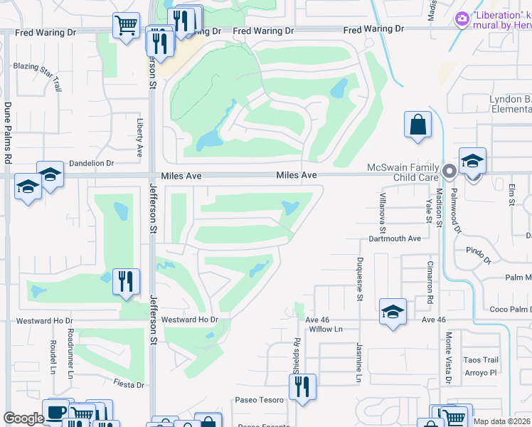 map of restaurants, bars, coffee shops, grocery stores, and more near 80396 Green Hills Drive in Indio