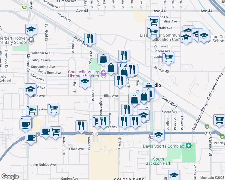 map of restaurants, bars, coffee shops, grocery stores, and more near 45222 King Street in Indio