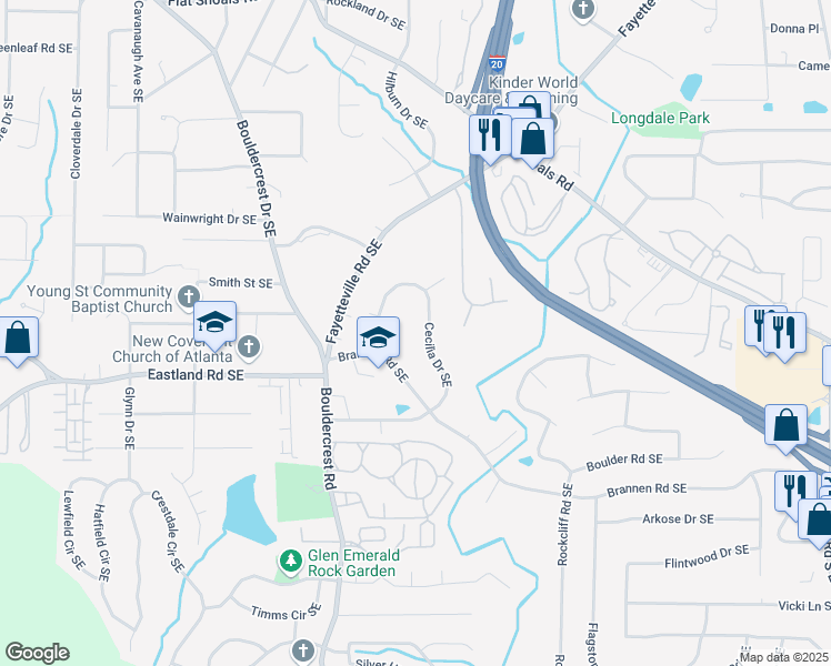 map of restaurants, bars, coffee shops, grocery stores, and more near 1680 Cecilia Drive Southeast in Atlanta