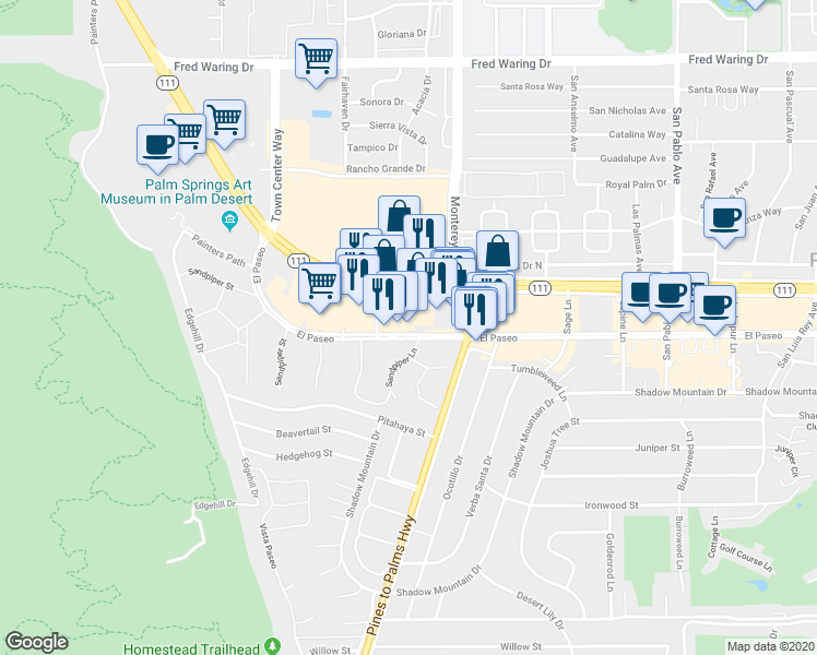 map of restaurants, bars, coffee shops, grocery stores, and more near 72990 El Paseo in Palm Desert
