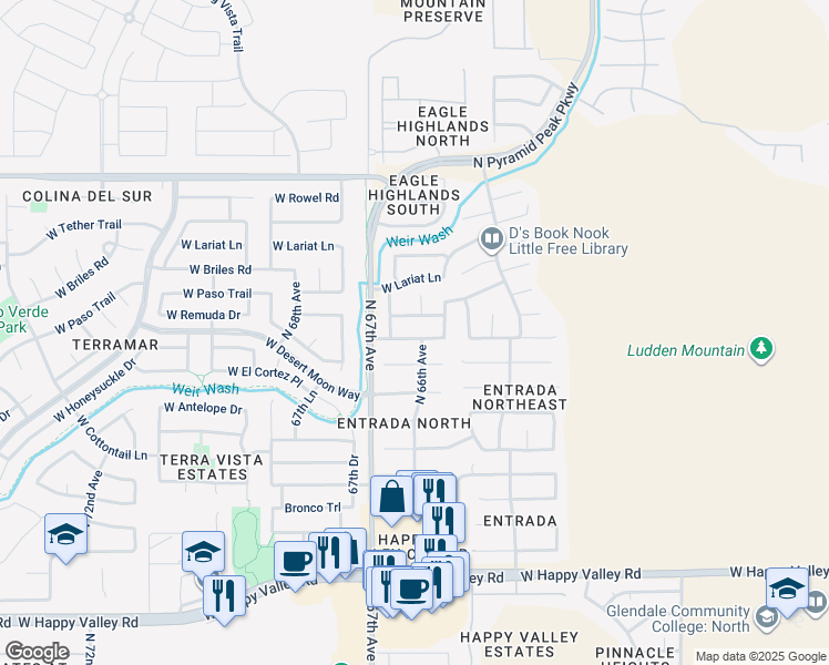 map of restaurants, bars, coffee shops, grocery stores, and more near 6606 West Prickly Pear Trail in Phoenix