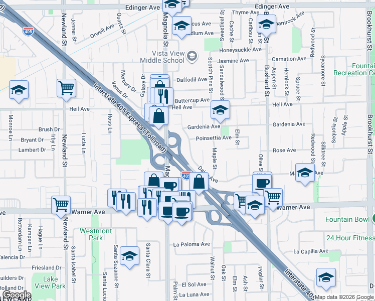 map of restaurants, bars, coffee shops, grocery stores, and more near 16719 Daisy Avenue in Fountain Valley