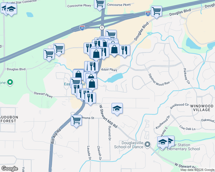 map of restaurants, bars, coffee shops, grocery stores, and more near 3000 Georgia 5 in Douglasville