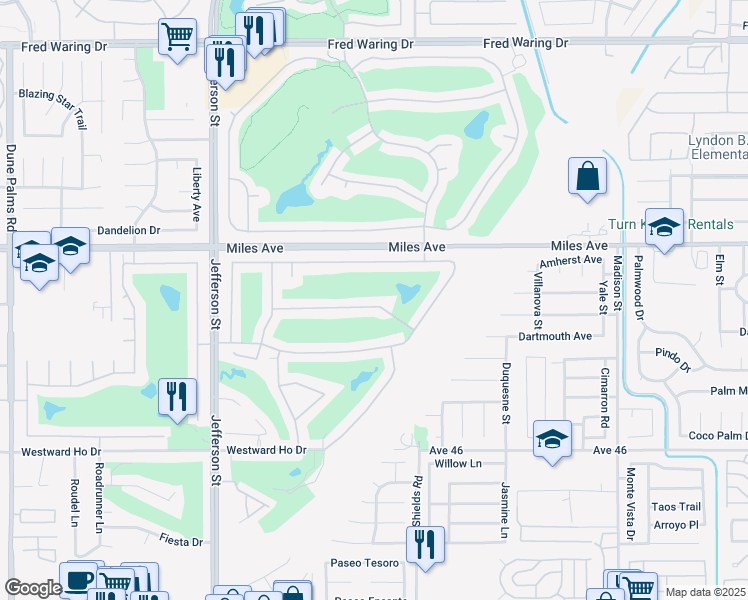 map of restaurants, bars, coffee shops, grocery stores, and more near 80396 Green Hills Drive in Indio