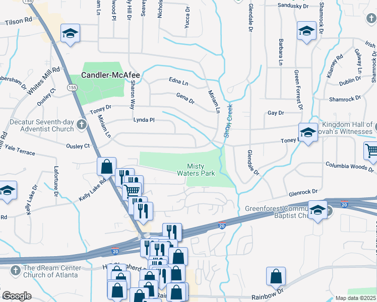map of restaurants, bars, coffee shops, grocery stores, and more near 2592 Miriam Lane in Decatur